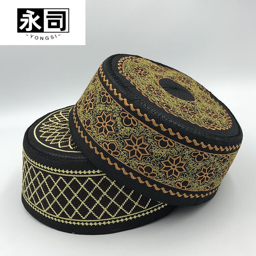 永司回族礼帽男士帽子礼拜帽回男新款回民少数民族回回帽橙花新疆绣花 蓝花黄线 56号