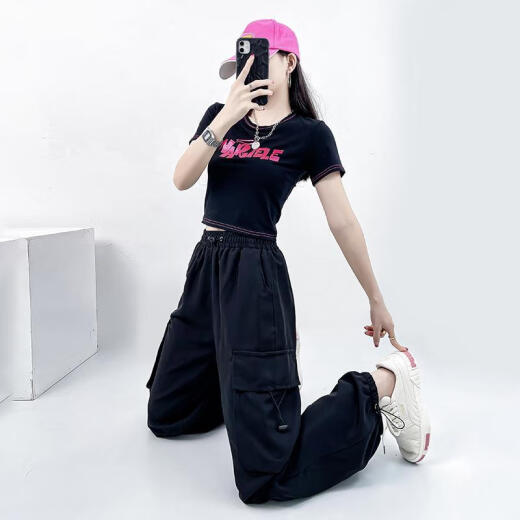 智兜兜小个子爵士舞套装广场舞蹈kpop跳舞套装女夏爵士舞服装运动穿搭街 386黑短袖+1049玫红裤子 均码 s