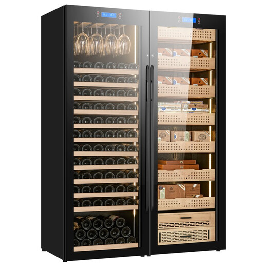 Qiaoke red wine cigar cabinet constant temperature and humidity double door double temperature white wine refrigeration and humidification box combination cabinet large capacity commercial tea cabinet wine and cigar combination cabinet E red wine hanging cup + cedar wood cigar cabinet 1.8 meters high