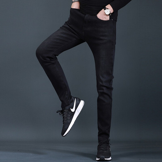 
Fan Litai black jeans men's slim feet pants autumn and winter plus velvet thickened Korean style trendy and casual jeans long trousers QQ 1048 black regular 30