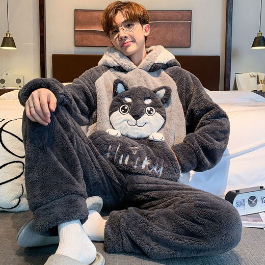 Simple direction men's pajamas autumn and winter coral velvet thickened flannel youth cartoon large-size winter home clothing set 3897 bear thin style 10XL small size m150cm/90Jin[Jin equals 0.5 kg]