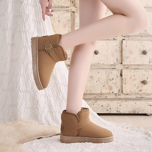 回力雪地靴女2025年冬季一脚蹬女鞋棉鞋女冬学生加绒加厚短筒棉靴子 红棕色 37