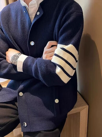 
TB BROWIN Tom TB four-bar knitted cardigan jacket men's autumn new sweater men's high-end American retro v-neck hair Navy blue stripes 2XL (140-155Jin [Jin equals 0.5 kg])