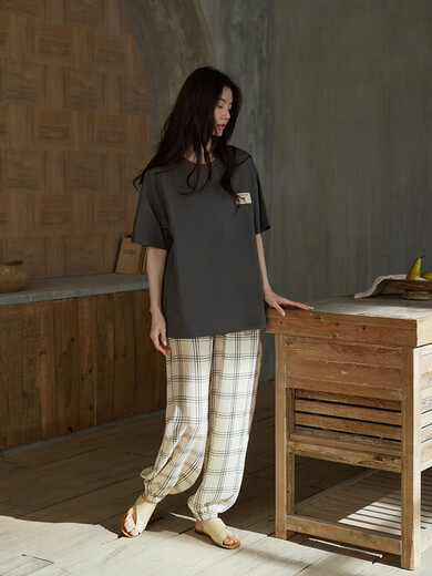 同语（TONGYU）同语夏季新款睡衣女凉感纯棉短袖长裤家居服夏天女士格子薄款套装 女士Z3890 M 160