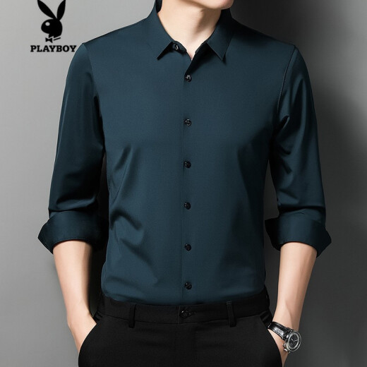 Playboy shirt men's spring new long-sleeved shirt men's fashion casual solid color seamless high-end men's Korean version slim-fitting non-iron shirt young and middle-aged large size shirt 8801 dark green 165 suitable for 100-120Jin [Jin equals 0.5 kg]
