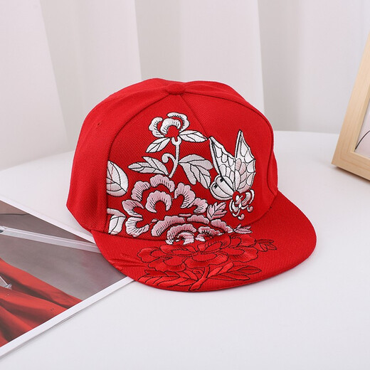 Nozhi Meng Chinese style hat for men and women, embroidered flat brim hat, flat brim hat, baseball cap, sun hat, duck tongue sun hat NM164, peony black, one size fits all, adjustable