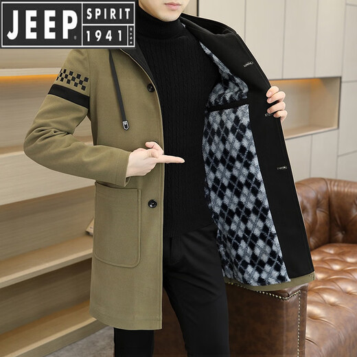 Шерстяное пальто Jeep Spirit для мужчин в середине длины плюс бархатный утолщенный ветерный куртка для мужчин 2024 Осень и зима Новый крупный топ с капюшоном с капюшоном с капюшоном с капюшоном.