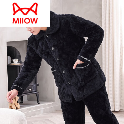 Catman (Miiow) Winter Herren-Pyjamas Koralle Samt dreischichtige Baumwolle verdickte Flanell Herbst und Winter Home Clothing Warm Set D9921 Black Grey [Pflug] L [100-120jin [Jin gleich 0,5 kg]]]