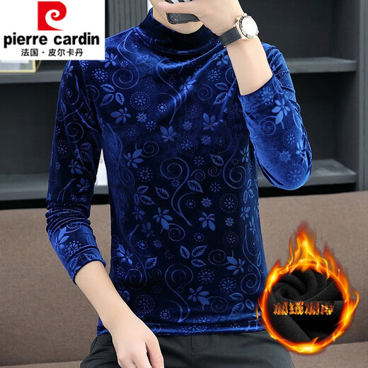 皮尔卡丹（pierre cardin）男士金丝绒长袖t恤男加绒加厚冬季高领打底衫青少年潮牌保暖上衣 691黑色(加.绒) M