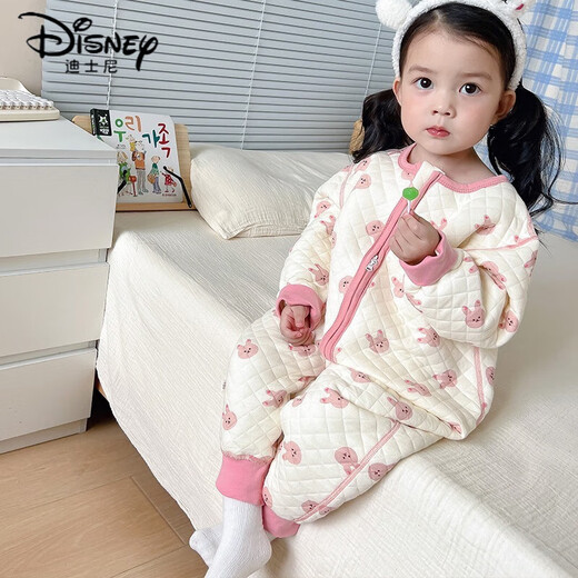 Disney pure cotton boys and girls onesie sleeping bag autumn and winter pajamas baby thickened baby anti-kick quilt warm home clothes pink bunny 130