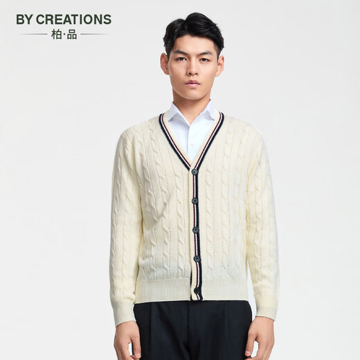 By Creations柏品7针羊毛绞花撞色针织开衫男士商务休闲纽扣V领保暖毛衣外套 米白色 M