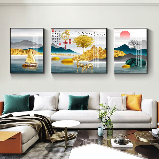 Tongdi Nouveau salon chinois Décoration peinture canapé fond mur moderne moderne simple villa hall paysage peinture triple peinture suspendue 10 jiahe fugui-12124 Middle 80 * 60 40 * 60 cadres noirs des deux côtés (peinture en porcelaine cristalline)