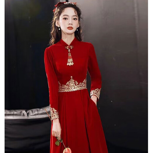 Lanka Roni Lanka Roni Cheongsam Toast Wear Bridal 2025 Engagement Red Dress Long Sleeve Wedding Evening Dress Women Red Long M
