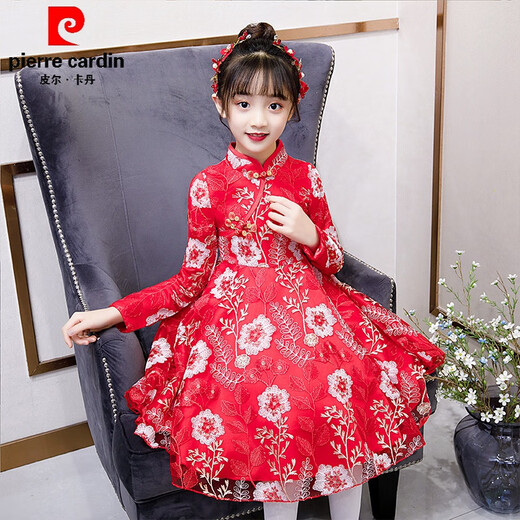Pierre Cardin children's clothing from Shiying girls spring dress 6-12 years old children's winter clothing plus velvet cheongsam Hanfu skirt little girl sweet and cute mesh princess dress autumn and winter 5 8503 long sleeve pink (plus velvet) 110 cm