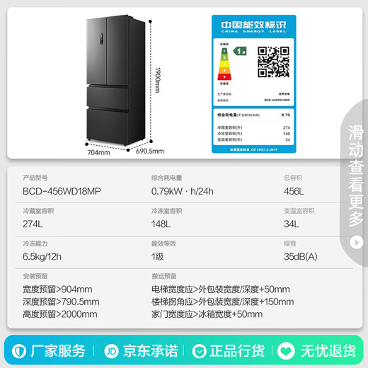 Rongsheng 456-liter French multi-door four-door refrigerator household first-class energy efficiency air-cooled frost-free frequency conversion energy-saving large capacity ultra-thin BCD-456WD18MP home appliances national subsidy