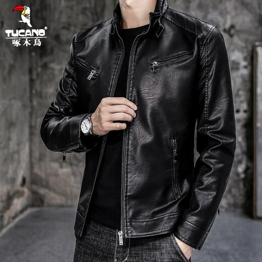 Woodpecker leather jacket men's jacket spring and autumn jacket men imitation leather PU leather motorcycle men business casual trend leather jacket men 609A black L [110-130Jin [Jin equals 0.5 kg]]