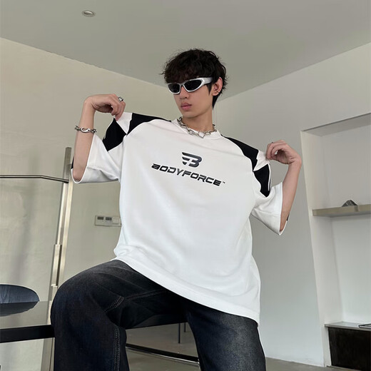 
Digada short-sleeved T-shirt men's deconstructed niche design sense heavy shoulder pad summer color-blocking print loose casual half-sleeved trend WYXS-T25 white XL