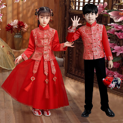 银昕儿童中山装男童中式婚礼花童礼服绸缎面秀禾服红色拜年服女童唐装 龙凤呈祥女童 上衣+裙子 150 cm 儿童身高约145/155cm
