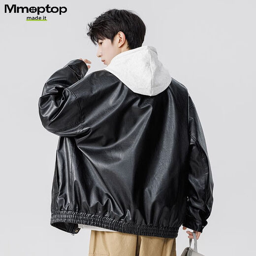 MMOPTOP American Lapel PU Leather Jacket Men's Spring and Autumn Flying Staff Jacket 6073 Agate Black 3XL