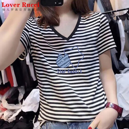 LOVER RUCCI法国女士V领短袖t恤女2025新款欧货正肩鸡心领条纹印花体恤上衣潮 1476黑白条纹【V 领】 3XL