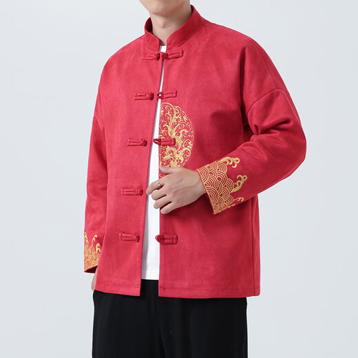 
Green Trendy Tang suit men's jacket jacquard Chinese style cotton and linen embroidery casual large size Zhongshan suit buckle Hanfu trend red Y1047 3XL
