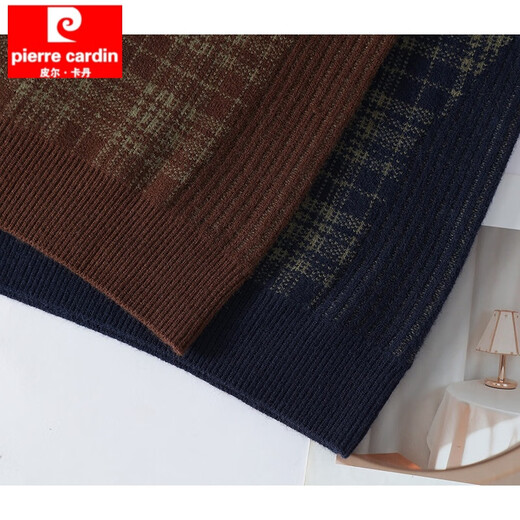 Pier Cardin 2025 winter thickened plaid sweater men's trendy brand round neck loose knit sweater men's pullover trendy jacquard thread Coffee 3XL