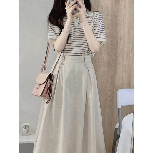 Hanlujiao (hanlujiao) dress for women's summer 2025 new Korean style fashionable temperament slim and age-reducing small person suit skirt summer striped top + apricot skirt M [Suggest 98-108Jin [Jin equals 0.5 kg]]