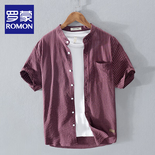 
Romon pure cotton striped short-sleeved shirt men's stand collar white loose breathable short-sleeved casual inch shirt round neck Japanese trendy YY9721 sky blue lapel L
