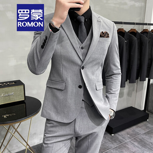 ROMON light mature style casual large size suit suit for men, Korean style slim fit two-button three-piece suit for commuting business small suit trendy medium gray suit + vest + trousers XL (recommended 125-135Jin Jin is equal to 0.5 kg)
