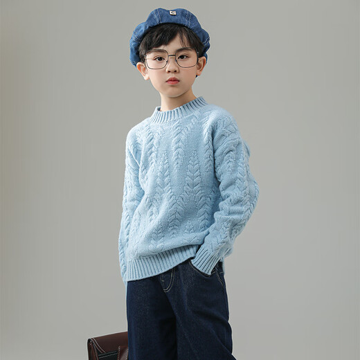 An die riceless [100% Wolle] drei Strang verdickte Kinder-Strickjungen-Pullover-Pullover-Pullover für Mädchen Stricker Samtpullover für Kinder mittleren Alters, ursprünglich blau 140 cm