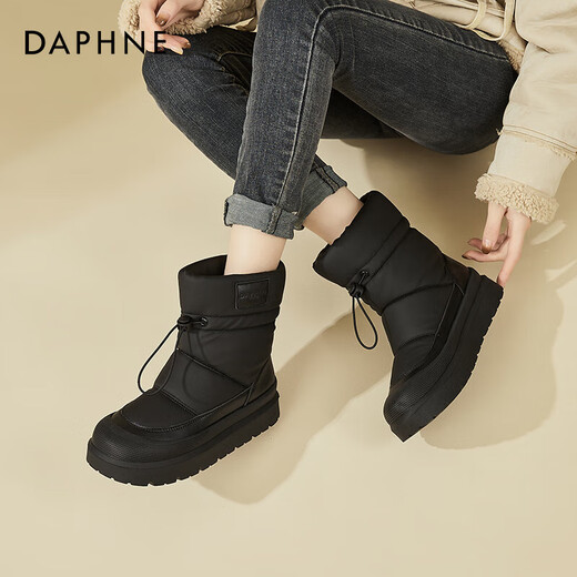 达芙妮（DAPHNE）厚底短靴女2025秋冬季新款松紧带雪地靴短筒加绒保暖户外女靴子 黑色 39
