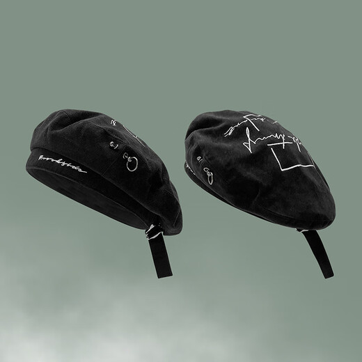 Jimmy Leaf English embroidered versatile beret Unisex rivets adjustable creative autumn and winter warm hat Black English embroidered beret One size fits all 55-58