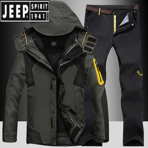 JEEP SPIRIT outdoor winter assault clothing and pants suit for men and women, three-in-one plus velvet and thickened two-piece set, windproof and waterproof fishing and mountaineering suit, 552 men's denim blue + 9986 men's black pants L