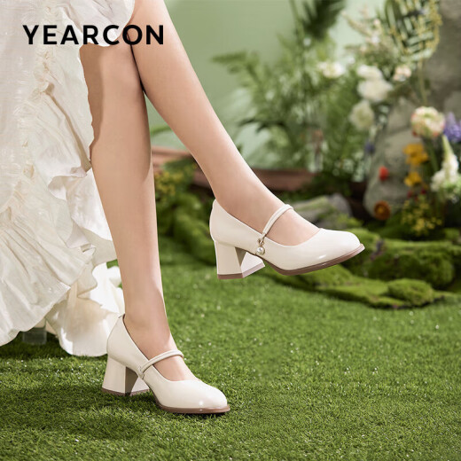 Yierkan small leather shoes women's French Mary Jane shoes thick heel single shoes versatile height increasing women's shoes 26868W off-white 38