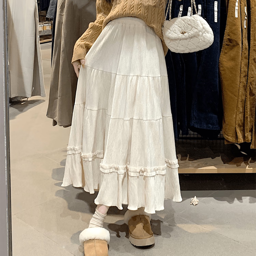 Miao Yijia Autumn Skirt New Style Versatile Winter Skirt Large Hem Skirt Long Skirt Women's Cake Skirt Covering Belly Skirt Small Lace Pleated Skirt Beige M Recommended 95-110 Jin Jin equals 0.5 kg