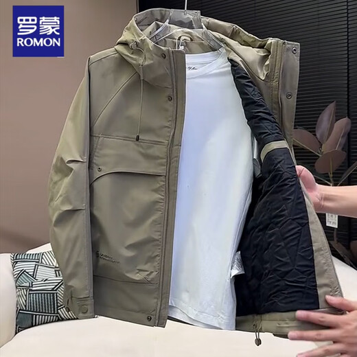 ROMON Jacket Men's Cotton Jacket Autumn and Winter Padded Jacket Men's Thickened Warm Windproof Workwear Hooded Second Cotton Jacket Khaki Green 3XL Recommended 165-180Jin Jin equals 0.5 kg