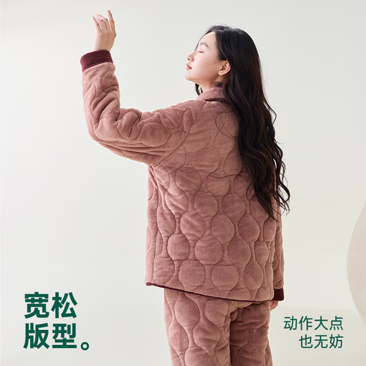 Anzhiban couple's pajamas for autumn and winter, three-layer quilted plus velvet, thickened and anti-static, casual wearable home wear set A Black Plum Pink M