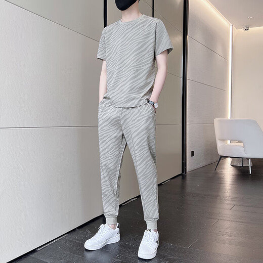 NASADKGM夏季冰丝短袖T恤运动套装男潮牌男装套装潮流休闲男夏天衣服夏装 719卡其(短袖+长裤) M (90-115斤)