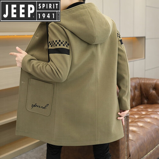 Шерстяное пальто Jeep Spirit для мужчин в середине длины плюс бархатный утолщенный ветерный куртка для мужчин 2024 Осень и зима Новый крупный топ с капюшоном с капюшоном с капюшоном с капюшоном.