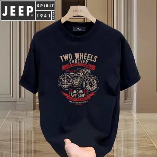 JEEP SPIRIT潮牌棉短袖t恤男夏季2024复古摩托机车印花正肩圆领短袖男T恤 683酒红色 S (建议80-100斤)