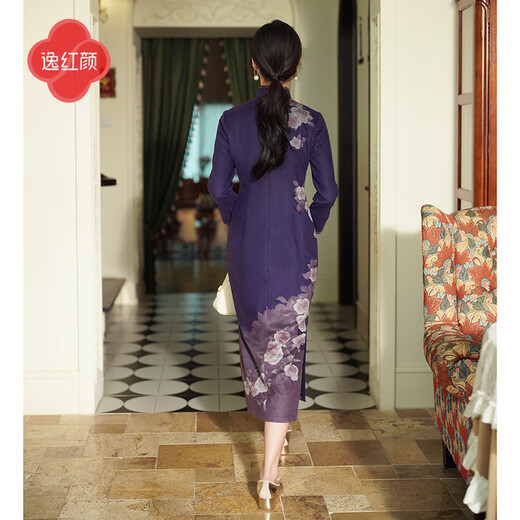 E.Beauty Shuyao 2025 early spring new positioning flower knitted brushed new Chinese style daily improved cheongsam dark jade purple 2XL