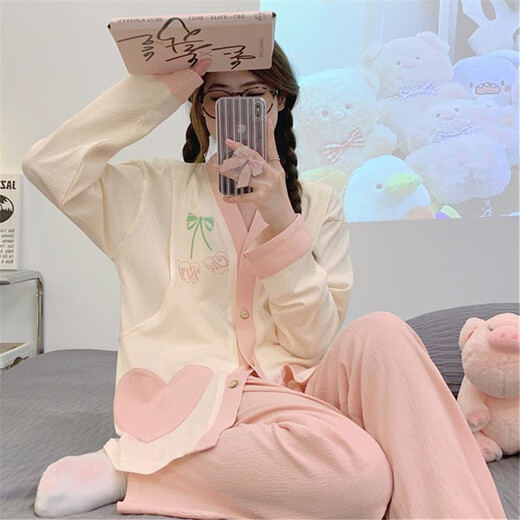 欧鹿汐（OULUXI）纯色皱布棉质月子服春秋孕妇睡衣夏季透气吸汗产妇产后哺乳喂奶衣 AXXE724少女心 XL码 (建议115-135斤)