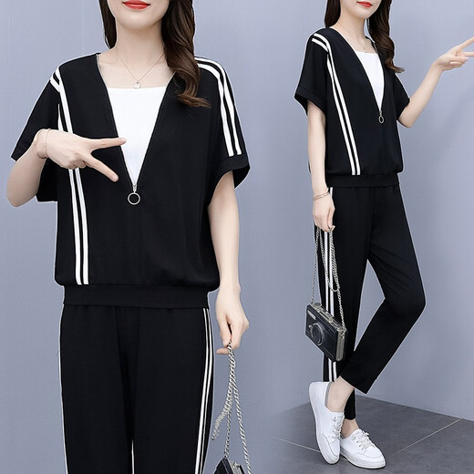 Zhidou dou dou dou dou dou dou dou dousize Frauen-Sommeranzug Sweatshirt Sportswear Leicht fett mm schlampig und versteckt Fleisch bedecken Bauch losen Mutteranzug zweiteiliger Set 693 Schwarzer Frühlings- und Herbststil regulär 5-fach einzelner Größe Jianyi 180-200jin [Jin gleich 0,5 kg]