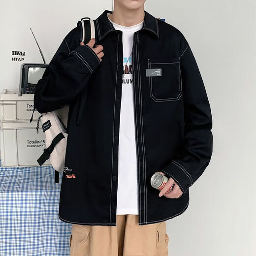丹俏丽衬衫男士春夏季新款韩版潮流拼接印花长袖衬衣青少年宽松痞帅外套 白色 679 M