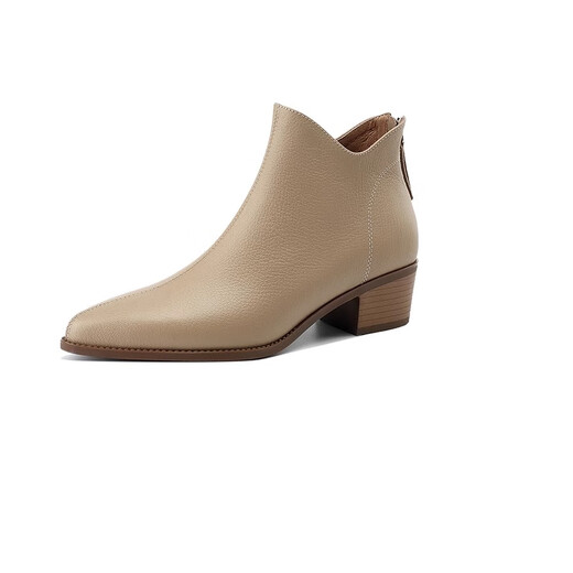 
Belle-Ta series brand broken French sheepskin pointed toe short boots for women 2024 autumn and winter new thick heel medium heel rear zipper khaki color (single) 38