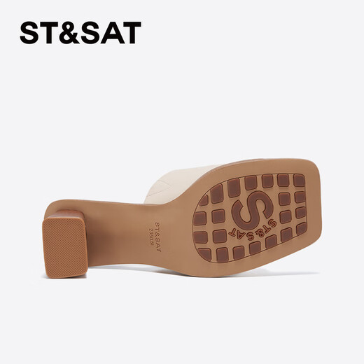 St&Sat Saturday fish mouth thick heel slippers for women summer fashion outer wear new high heel one-line sandals SSC2110325 beige 35 225mm