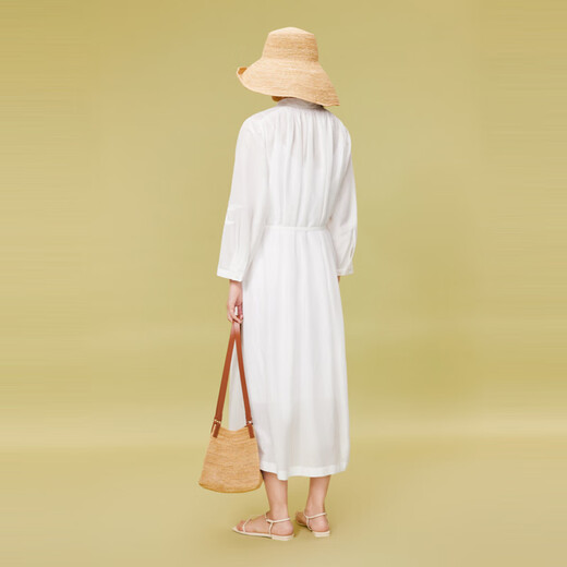 LESS summer solid color design sense flat embroidered long-sleeved dress simple white V-neck temperament dress 2O6G21760 100 white S