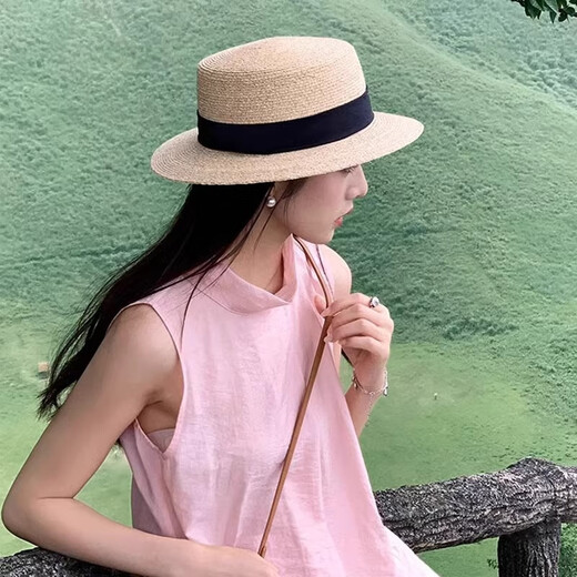 
Zhuang Yuwan 2025 new French flat top brim straw hat big head fence beach vacation top hat woven sun protection hat women 1# concave top black-up upgraded soft top [hat brim 8CM]