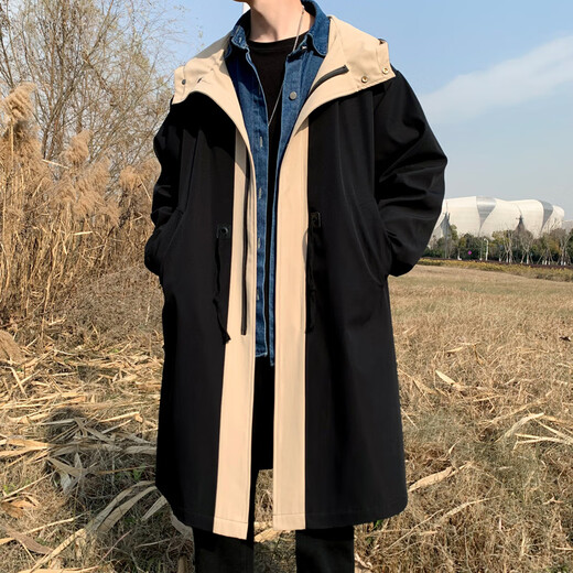Lovren thickened cotton autumn and winter contrasting color hooded windbreaker men's medium-length large size loose casual knee-high parka coat black cotton 3XL (suitable for 175-210Jin Jin equals 0.5 kg)