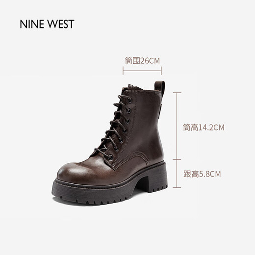 NINE WEST品牌真皮厚底马丁靴女2025秋冬新款经典复古英伦风短靴 黑色 37